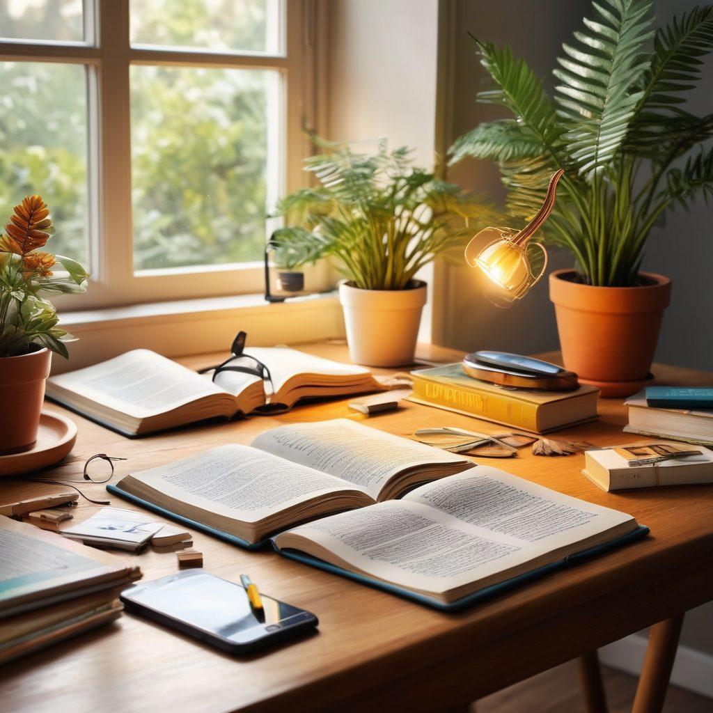 A dynamic scene of an open book with words floating out of it, transforming into digital tools like a dictionary app on a smartphone, a thesaurus, and a word puzzle game. The background features vibrant colors and a burst of light symbolizing discovery and enlightenment. The setting is a cozy, modern desk with creative stationery and plants, to give a warm and inviting feel. super-realistic. vibrant colors.