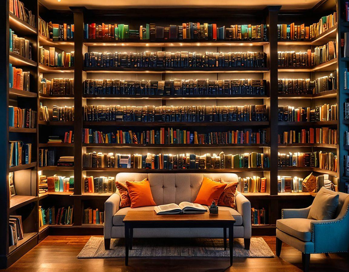 An intricate bookshelf filled with old and new dictionaries, thesauruses, and word usage guides, interspersed with floating, illuminated words and phrases emerging from the pages. In the background, a cozy reading nook with a soft chair, a reading lamp, and a person writing notes in a journal. super-realistic. vibrant colors. library-like ambiance.